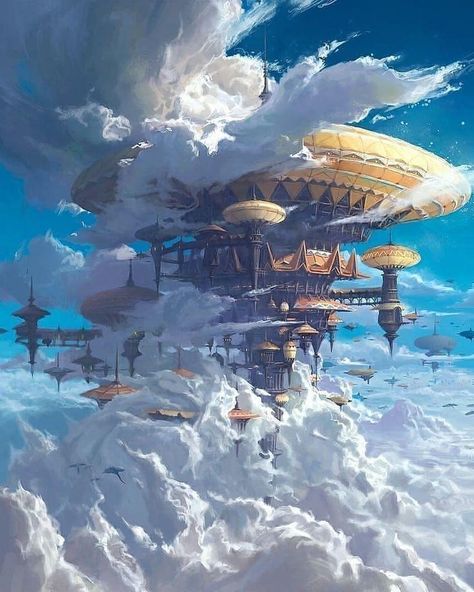 Fantasy Flying City, Fantasy Cityscape Art, Fantasy Cloud City, Sky City Concept Art, Dnd World, Fancy Buildings, City In The Sky, Scifi Artwork, Cool World