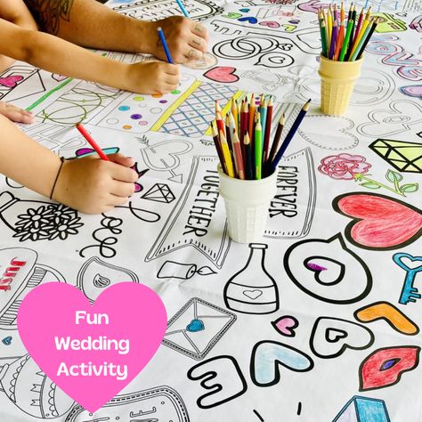 Kid Friendly Wedding Activity: Themed Coloring Station Bridal Shower Kids Table, Weddings With Kids, Sensory Friendly Wedding, Kids Corner Wedding, Kids Table At Wedding, Wedding Kids Table Ideas, Kids Table Wedding Reception, Unique Wedding Activities, Wedding Ideas For Kids