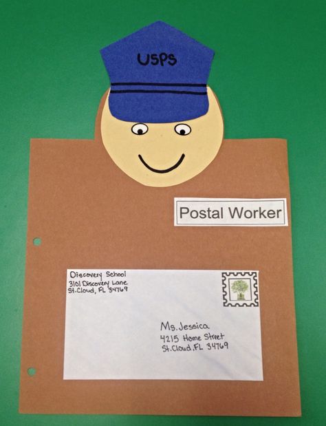 Postal Worker Art Preschool, Postal Worker Craft Preschool, Postman Craft Preschool, Mailman Crafts Preschool, Mailman Crafts, Community Helpers Nurse, Prek Community Helpers, Community Helpers Preschool Crafts, Community Helper Lesson