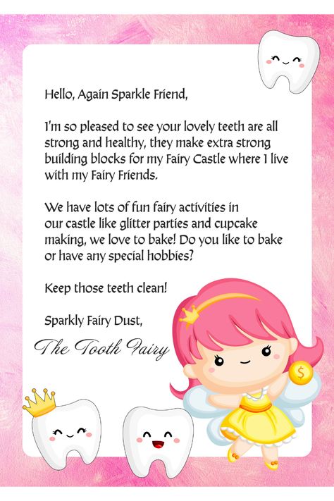 Free Printable tooth fairy letter and certificate! This is the most enchanting letter from the tooth fairy who have lost two or more teeth. This printable tooth fairy letter is crafted for your little ones, highlighting the strength and healthiness of their teeth, which make excellent building blocks for the tooth fairy castle. The fairy invites your child, regardless of gender, to share their hobbies by leaving a letter for the tooth fairy, answering a fun question during her next visit. Tooth Fairy Letters, Letter From The Tooth Fairy, Fairy Letters, Fun Printables For Kids, Tooth Fairy Letter, Fairy Ideas, Cute Tooth, Fairy Castle, Fairy Friends