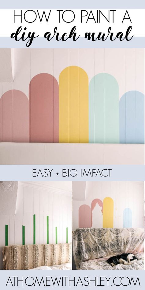 DIY Arch Wall Mural. How to paint a mural on the wall- lots of tips and tricks. Follow this easy step by step tutorial to get a pastel rainbow arch mural Diy Arch Wall, Easy Wall Murals Painted Diy, Arch Wall Mural, Arch Mural, Easy Wall Murals, Wall Murals Painted Diy, Playroom Paint, Paint A Mural, Diy Arch