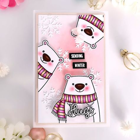 Sunny Studio Stamps: Holiday Hugs & Woolen Mitten Holiday Cards by Debby van Diepen Christmas Shaker Cards, Winter Paper Crafts, Funny Family Christmas Cards, Polar Bear Card, Holiday Cards Handmade, Snowman Cards, Bear Card, Pink Cards, Mft Stamps