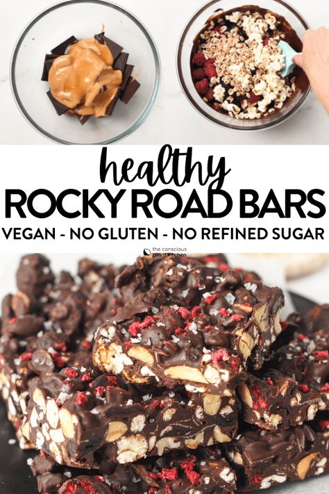 This healthy rocky road slice is a delicious chocolate bar filled with nourishing nuts, dried cranberries, and homemade popcorn. A healthy twist to the favorite rocky road candy bars, 100% vegan and gluten-free. Healthy Rocky Road, Rocky Road Slice, Vegan Rocky Road, Rocky Road Candy, Rocky Road Bars, Vegan Dessert Bars, Rocky Road Recipe, Dark Chocolate Recipes, Vegan Gluten Free Desserts