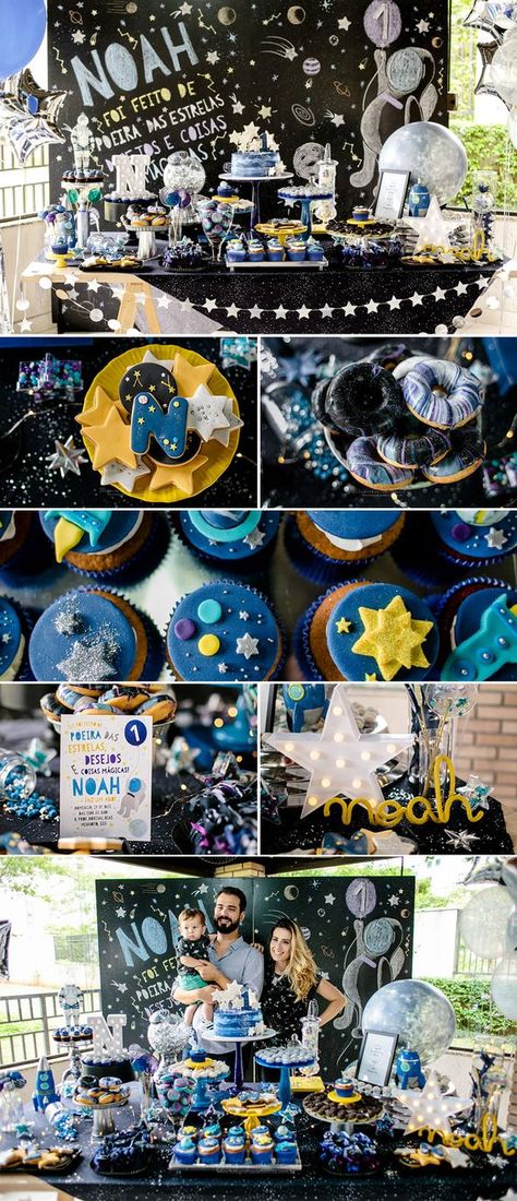 Birthday Decoration | Theme: Galaxy / Universe / Astronaut By: Maira Menezes Sao Paulo, Brazil Universe Decoration Party, Universe Party Theme, Universe Birthday Theme, Universe Birthday Party, Astronaut Baby Shower Ideas, Galaxy First Birthday, Astronaut Birthday Party, Cookie Donut, 4de Verjaardag