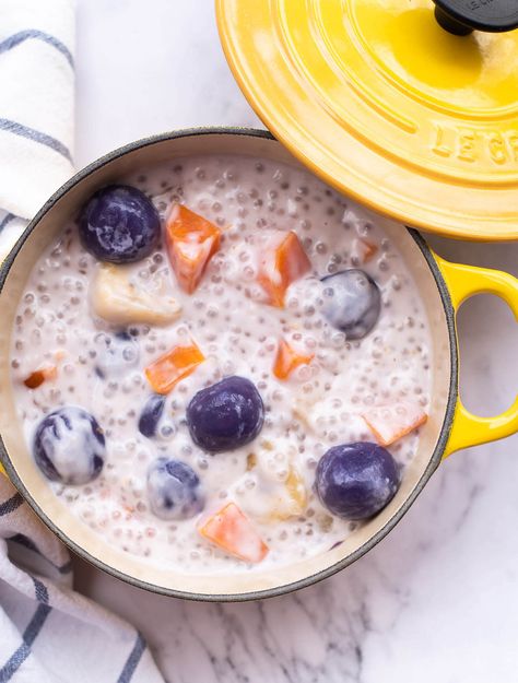 Ginataang Halo-Halo (Glutinous Rice Balls in Coconut Sauce) – Gobble The Cook Ginataang Bilo Bilo Recipe, Ginataang Bilo Bilo, Halo Halo Recipe, Coconut Sauce Recipe, Bilo Bilo, Asian Inspired Desserts, Deep Fried Bananas, Glutinous Rice Balls, Filipino Food Dessert