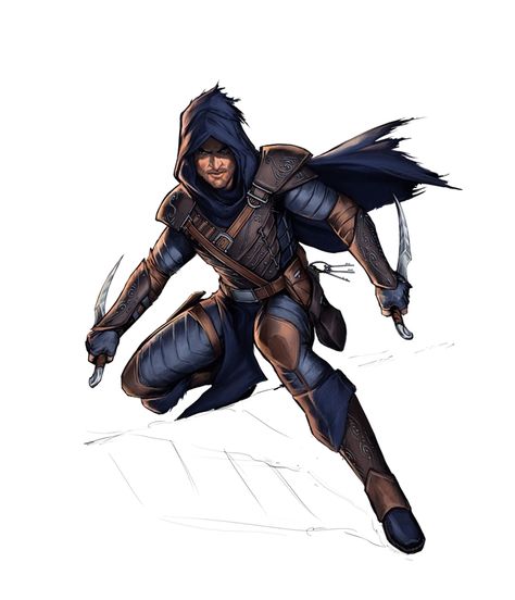 Human Knife Master Rogue - Pathfinder PFRPG DND D&D d20 fantasy Ranger Rpg, Rogue Design, Rogue Character, Rogue Assassin, Character Design Cartoon, Character Design Challenge, Pathfinder Character, Shadow Warrior, Leather Armor