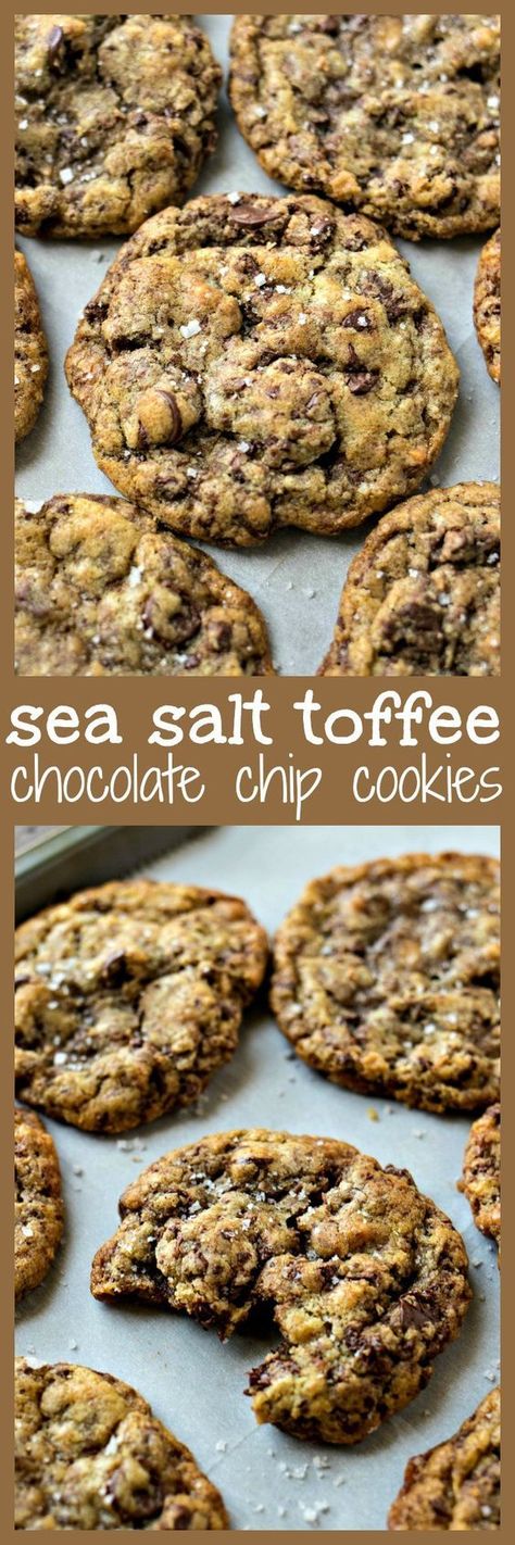 Sea Salt Coffee Chocolate Chip Cookies Sea Salt Toffee, Toffee Chocolate Chip Cookies, Bake Snacks, Flax Eggs, Toffee Chocolate, Salted Toffee, Toffee Cookies, Chewy Cookies, Cookie Tin