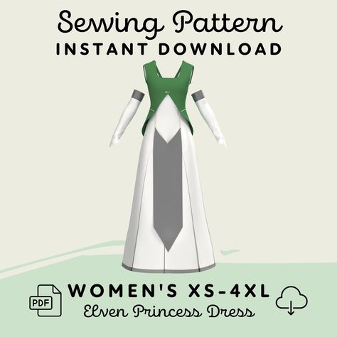 "‼️ BIG SALE ‼️  Save 60% on all orders of 5+ patterns! Code: 3FREE Save 70% on all orders of 10+ patterns! Code: BUY10 Elven Princess Dress Pattern ➽ INSTANT DOWNLOAD Pattern includes PDF files for 8 sizes for a floor length dress, vest, tabard, and fingerless gloves. Create a elven gown, unique wedding dress, princess cosplay, or a fantasy medieval costume with the help of this pattern! ✤ THIS IS A DIGITAL DOWNLOAD SEWING PATTERN ✤ Download includes: ✔ 38-page Illustrated Instruction Guide, Ya Elven Princess Dress, Princess Dress Sewing, Elven Gown, Twilight Dress, Princess Dress Patterns, Elven Princess, Zelda Cosplay, Dress Vest, Princess Cosplay