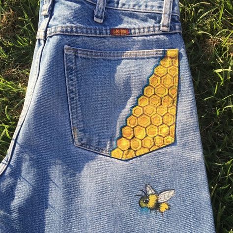 Rustler Jeans | Hand Painted Blue Denim Jeans Bee Flowers | Poshmark Custom Jeans Diy, Rustler Jeans, Bee Flowers, Diy Denim Jacket, Painted Clothes Diy, Hand Painted Clothing, Denim Art, Painted Denim Jacket, Diy Clothes Design