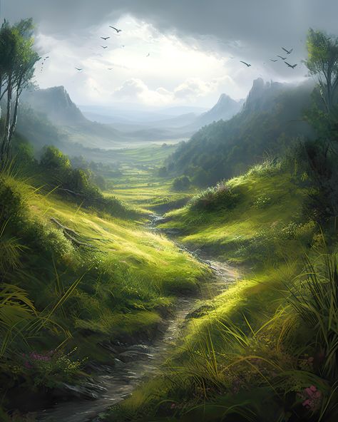 Grasslands Fantasy Art, Fantasy Highlands, Fantasy Grasslands, Fantasy Farmland, Fantasy Setting Village, Fantasy Plains, Fantasy Valley, Fantasy Village, Nature Valley