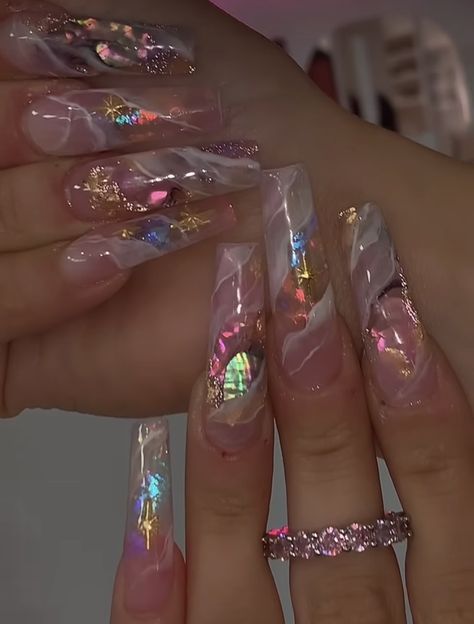 Marble Encapsulated Nails, Super Extra Nails, Large Glitter Nails, Incapcilated Acrylic Nails, Encased Nails, Clear Encapsulated Nails, Incapcilated Nails, Nails With Foil Design, Glam Nails Coffin