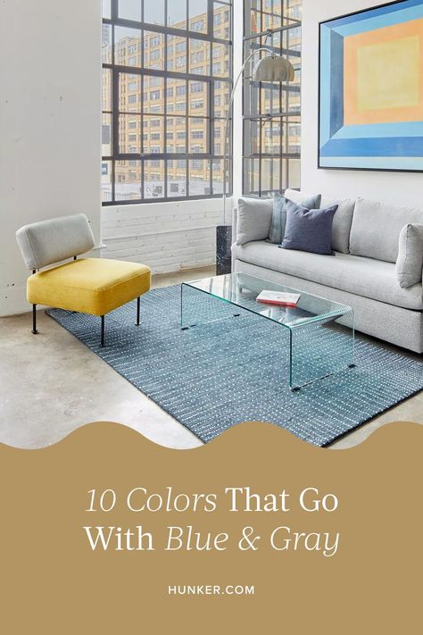 With so many shades of gray and a plethora of blue tones, the combinations are seemingly endless when selecting one of each for your color scheme. Read on for some inspiring ideas that will help make your decision a little easier. #hunkerhome #homedesigntips #homedecor #homedesign Gray Color Combinations, Cognac Leather Sofa, Dark And Moody Bedroom, Living Room Interior Design Ideas, Home Interior Ideas, Grey Accent Wall, Light Wood Cabinets, Herringbone Wood Floor, Modern Living Room Interior