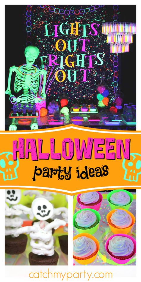 Halloween Glow Party Classroom, 80s Halloween Party Ideas, Halloween Rave Party Ideas, Diy Black Light Halloween Decorations, Lights Out Frights Out, Neon Halloween Party Ideas, Halloween Glow In The Dark Party, Halloween Glow Party Ideas, Black Light Halloween Party Ideas