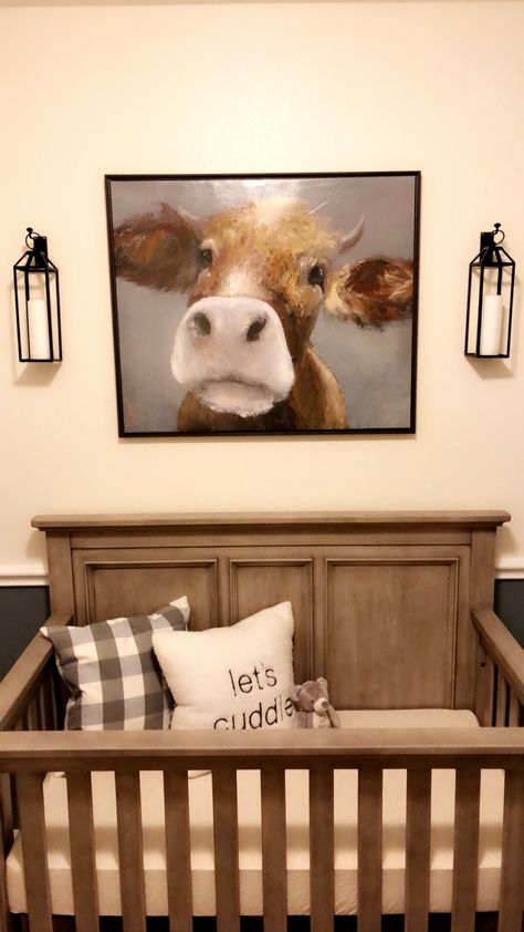 Farmhouse style nursery for our sweet boy! Cow Bedroom Decor Farmhouse Style, Nursery Ideas Farmhouse, Nursery Cow Theme, Farmhouse Nursery Girl, Farmhouse Nursery Neutral, Cow Nursery Boy, Cow Nursery Ideas, Farmhouse Nursery Boy, Farmhouse Baby Nursery