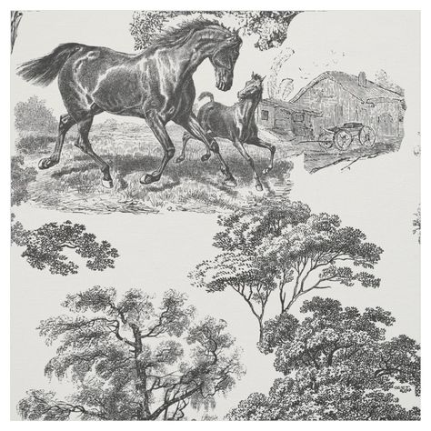 Monochrome black and white toile pattern with horses and trees for rustic country decor, English, French or American style. The horse is a majestic animal that embodies the spiritual power of independence, freedom, nobleness, endurance, confidence, triumph, heroism and competition. Its symbol is associated with strength, courage and freedom. French Countryside House, English Setter Dogs, Toile Wallpaper, Toile Pattern, French Toile, Blue Toile, Toile Fabric, Country Decor Rustic, Countryside House