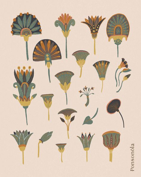 Egyptian Flowers on Behance Ancient Egyptian Flowers, Egyptian Flower Art, Egyptian Motifs Pattern, Egyptian Folk Art Motifs, Egyptian Folk Art Design, Egyptian Pattern Design, Eygptain Art, Egyptian Art Tattoo, Egyptian Flower Tattoo