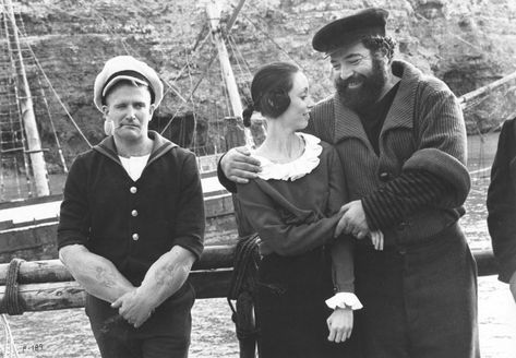 Publicity photos of POPEYE (1980). Popeye Movie, Shelley Duvall, Popeye And Olive, Popeye The Sailor Man, Olive Oyl, Robert Williams, Hero Movie, Disney Live Action, Robin Williams