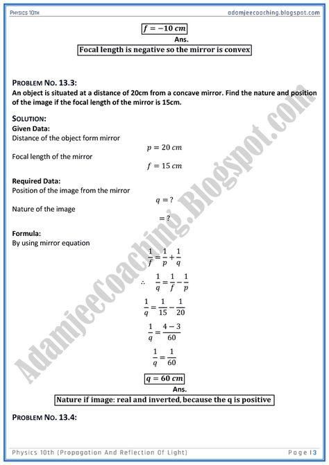 Adamjee Coaching: Propagation and Reflection of Light - Solved Numericals - Physics 10th Reflection Of Light, Concave Mirrors, Light Science, Chemistry Class, Class Notes, Focal Length, Light Reflection, Chemistry, Physics