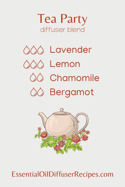 The Tea Party essential oil diffuser blend contains lavender, lemon, chamomile, and bergamot essential oils. Sweet Tea Essential Oil Blend, Beltane Diffuser Blend, White Tea Essential Oil, White Tea Essential Oil Blend, Bergamot Essential Oil, Essential Oils Herbs, Essential Oils Health, Aroma Oil, Essential Oil Diffuser Blends Recipes