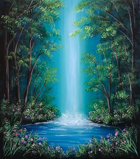 Tropical Waterfall Painting, Scenary Paintings Acrylic, Waterfall Painting Easy, Easy Waterfall Painting, Waterfall Painting, Waterfall Paintings, Easy Acrylic Painting, Small Canvas Paintings, Easy Canvas Art