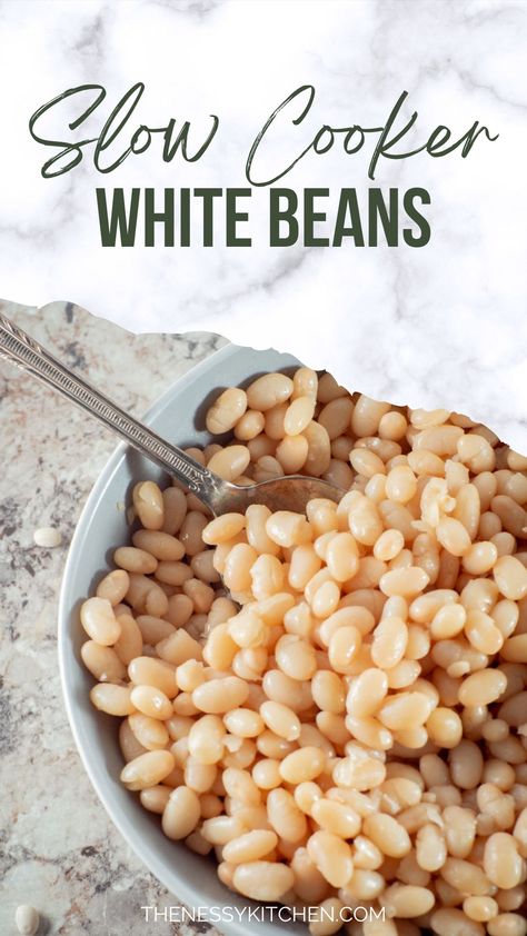 Cooking white beans from scratch in the slow cooker is so simple and adds so much flavor to the recipes that use them! Try them in soups, hummus and more. White Soup Beans, White Beans Crockpot Easy, Crock Pot White Beans, Homemade Beans Slow Cooker, White Northern Beans Recipes Crock Pot, White Bean Crockpot Recipes, Cooking Beans In Crockpot, White Beans Recipe Crockpot, Cooking Dry Beans In Crockpot