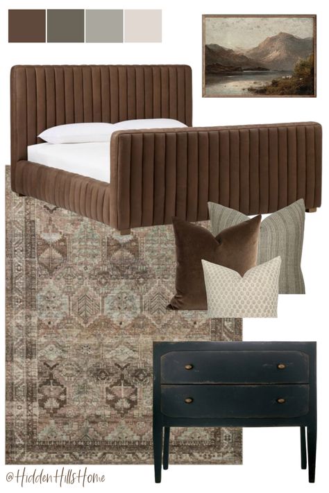 Moody bedroom decor ideas, cozy and dark bedroom decor mood board Dark Brown Bedrooms, Moody Bedroom Decor, Dark And Moody Bedroom, Brown Headboard, Moody Bedroom Ideas, Dark Bedroom Furniture, Green Headboard, Bedroom Furniture Makeover, Moody Bedroom