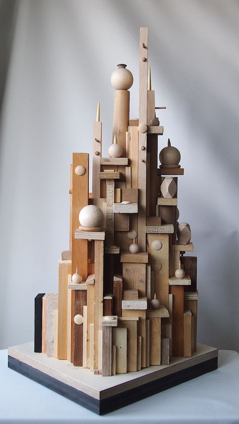 Scrap Wood Art, Wood Sculpture Art, Play Wood, Paper Architecture, Architectural Sculpture, Cardboard Sculpture, Paper City, Recycled Art, Wooden Sculpture