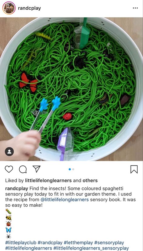 Jungle Themed Sensory Activities, Reptiles Sensory Activities, Bug Sensory Table, Bug Themed Sensory Activities, Bug Themed Sensory Bin, Bug Hunt, Green Spaghetti, Sensory Table, Sensory Bins