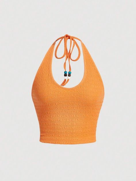 SHEIN MOD Orange Halter Neck Top | SHEIN Textured Tank Top, Slim Fit Crop Top, Plus Size Tank Tops, Halter Neck Top, Halter Crop Top, Striped Crop Top, Vacation Style, Cami Tanks, Kids Beachwear