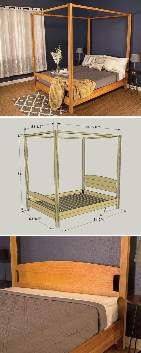 How to Build a DIY Canopy Bed | Free printable project plans on buildsomething.com | Whether your bedroom is traditional or contemporary, this canopy bed is sure to fit in. Simple details, clean lines, and cherry wood add classic beauty. You can make one more easily than you may think by gluing ordinary boards to make thicker, wider stock. It's designed for a Queen-size mattress. Bedroom Wood Headboard, Simple Wood Bed Frame, Cherry Wood Bed, Diy Canopy Bed, Wood Bed Frame Queen, Four Post Bed, Bed Queen Size, Canopy Bed Diy, Canopy Bed Frame