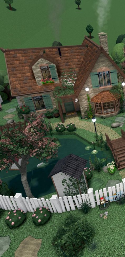 Roblox Bloxburg Cottage House Ideas, Bloxburg Tiny Cottage, Blockburg House Cottage, Bloxburg Layout Cottage, Cute Cottage Bloxburg Houses, One Story House Exterior Bloxburg, Cottage Ideas Bloxburg, Build Ideas For Bloxburg, Blocksburg Cottage Core House