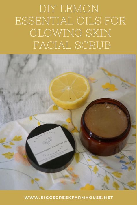 A fresh cut lemon next to a Lemon essential oil facial scrub Lemon Scrub Diy, Lemon Essential Oil Recipes, Lemon Face Scrub, Essential Oils For Glowing Skin, Diy Exfoliating Face Scrub, Essential Oil Scrubs, Facial Remedies, Sugar Facial Scrub, Lemon Facial