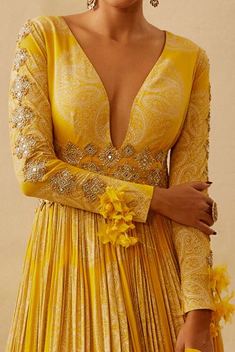 Buy Bhumika Sharma Yellow Georgette Floral Printed Anarkali Set Online | Aza Fashions Bhumika Sharma, Georgette Anarkali Suits, Sheer Dupatta, Co Ords Outfits, Haldi Outfits, Georgette Anarkali, Printed Anarkali, Pearl Work, Embroidered Belt