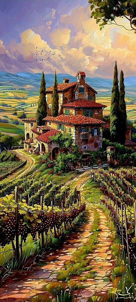 Mediterranean Vineyard, Tuscany Illustration, Tuscan Painting, Italy Scenery, Emotion Pictures, Italy Villages, Panorama Alam, Tuscany Vineyard, Village Scene Drawing