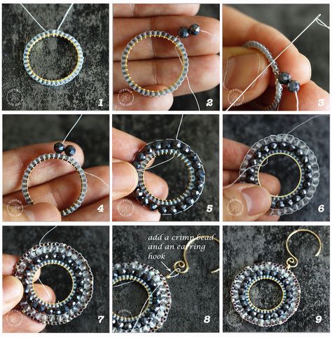 this tutorial shows you step-by-step how to make beaded earrings using circular brick stitch. #seedbeadtutorials #beading #jewelrymaking #diyjewelry How To Brick Stitch Earrings, How To Bead Earrings Step By Step, Brick Stitch Earrings Pattern Ideas, How To Brick Stitch Beads Tutorial, Beaded Earrings Tutorials Step By Step, How To Make Beaded Earrings, Brick Stitch Earrings Tutorial, Circular Brick Stitch Earrings, Circular Brick Stitch