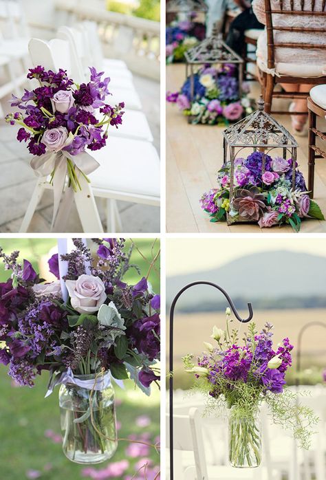 Purple Flower Table Decorations, Purple Bouquets Wedding, Purple Flower Arrangements Centerpieces, Purple Ceremony Arch, Violet Wedding Bouquet, Classy Wedding Centerpieces, Purple Floral Arrangements, Lavender Themed Wedding, Flower Aisle