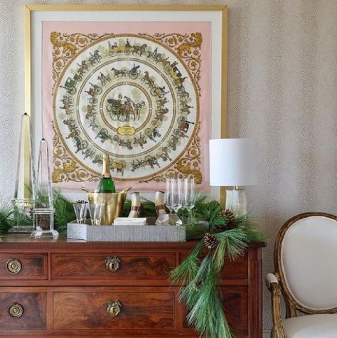 Beautiful framed Hermes scarf above a bar - Huff Harrington Design in Atlanta Holiday home. Romantic Colors, White Christmas Decor, Cabinetry Design, Shabby Chic Pink, Atlanta Homes, Hello Lovely, Home For The Holidays, Hermes Scarf, Top Interior Designers