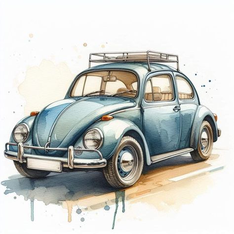 Vw Beetle Drawing, Car Watercolor Painting, Car Watercolor, Beetle Drawing, Vw Art, Car Signs, Landscape Art Painting, Eye Photography, City Landscape