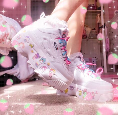 chunky platform sneakers with stickers all over (๑˃̵ᴗ˂̵)♡ #kawaii #kawaiilifestyle #fashion #aesthetic #sanrio #strawberry #stickers #harajuku Kawaii Chunky Sneakers, Kawaii Platform Sneakers, Harajuku Sneakers, Platform Shoes Kawaii, Sanrio Fits, Kawaii Platform Shoes, Sanrio Shoes, Strawberry Stickers, Kawaii Sneakers