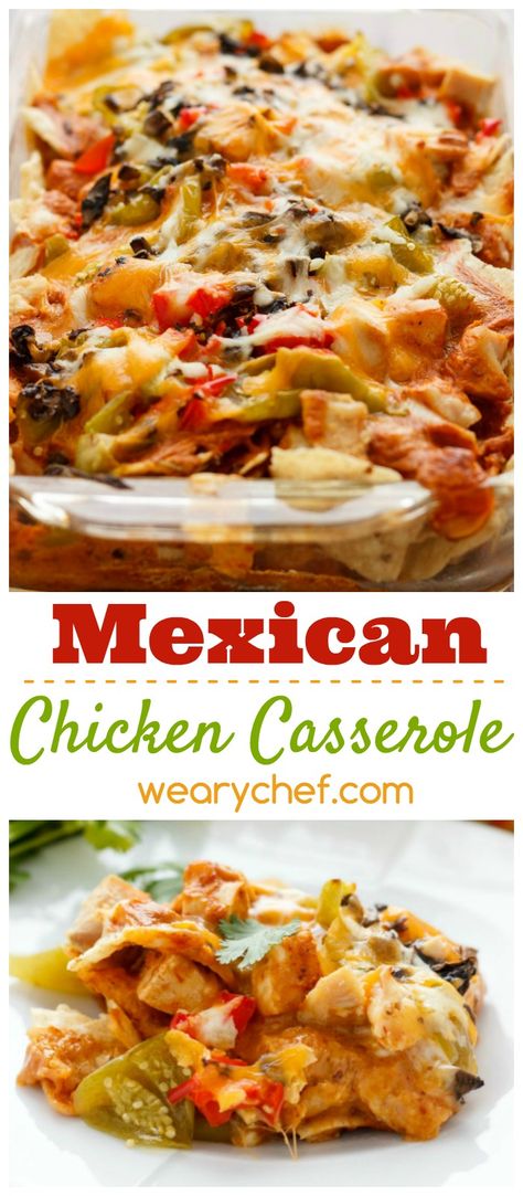 Mexican Chicken Casserole with Tortilla Chips - The Weary Chef Mexican Friendsgiving, Casserole With Corn, Garlic Milk, Tortilla Chip Recipe, Mexican Chicken Casserole, Chicken Sauce, Homemade Tortilla Chips, Cheese Bake, Chicken Pie