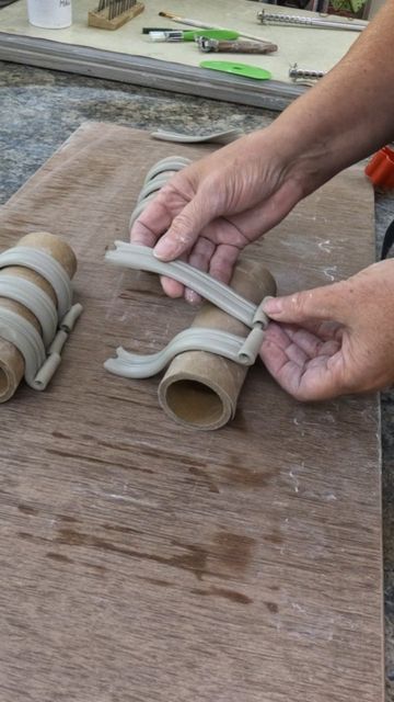 Jeanette Stevens on Instagram: "Handle production underway... Slowly refining my process and absolutely loving the @diamondcore hand held extruders R7 and R8. Been a total game changer for me! #farforestceramics #handlemaking #diamondcore tools #diamondcore #potteryhandle #handmadehandle #extrudedhandle #Stoneware #novicepotter #mughandles" Hand Built Ceramics Ideas, Ceramics Handles, Clay Templates, Pottery Handles, The Potter's Hand, Pottery Decoration, Ceramic Handles, Ceramic Creations, Pottery Projects