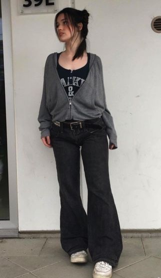 Dark Gray Zip Up Hoodie Outfit, Slightly Alt Outfits, Outfits With Gray Jacket, Grunge Outfits With Black Jeans, Alt Sweater Vest Outfits, Dark Hoodie Outfit, Alt Flare Jeans Outfit, Outfits With Gray Shirt, Grey Grunge Outfit