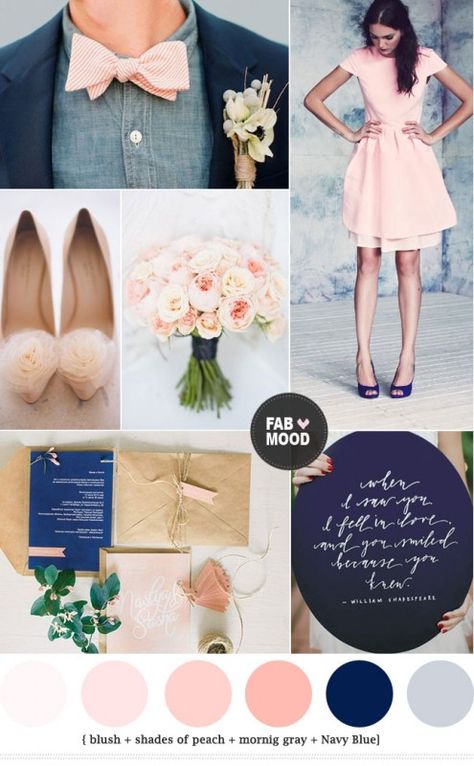 Navy blue and peach wedding colors palette – Add to favorites Today my love for all things pretty continues with this gorgeous mix of blush + shades of peach + gray and Navy blue.  This is a first Navy blue and peach wedding colors palette at Fab Mood. I don’t know why i haven’t yet done on this blog before but I’ve seriously fallen in love with these colors.  I think it work well in any season but i love it  most for Winter and Spring weddings.  For winter weddings i would add more... Blue And Peach Wedding, Peach Wedding Colors, Wedding Colours, Shades Of Peach, Wedding Palette, Wedding Theme Colors, Peach Wedding, Wedding Color Palette, Navy Wedding