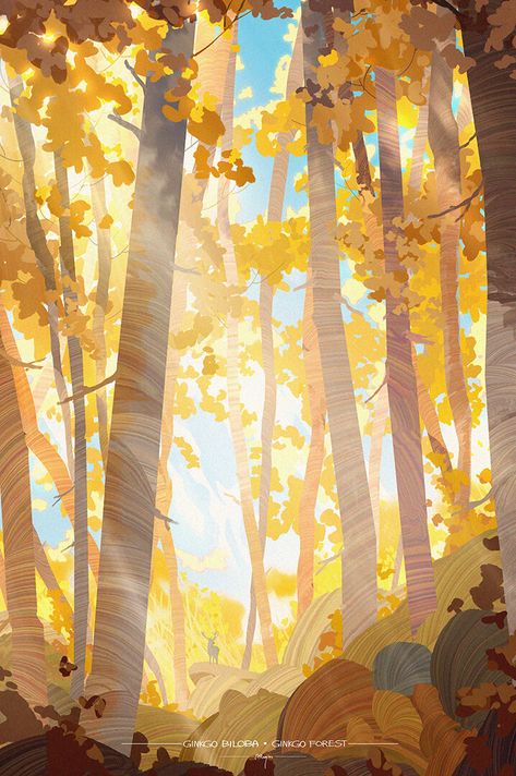 Illustration Kunst, Forest Illustration, Landscape Concept, Oita, Ginkgo Biloba, Tree Illustration, Tree Drawing, Fantasy Art Landscapes, Landscape Illustration