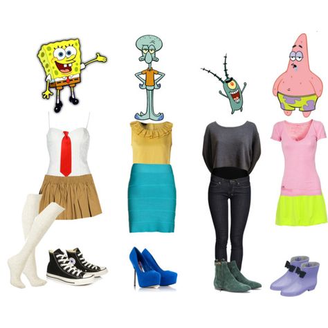 SpongeBob, Squidward, Plankton and Patrick from SpongeBob Square Pants Spongebob Patrick And Squidward Costumes, Squidward Outfit, Cartoon Characters Inspired Outfits, Spongebob Group Costumes, Spongebob Inspired Outfits, Plankton Costume, Spongebob Outfit Ideas, Disney Characters Outfits, Cartoon Characters Outfits