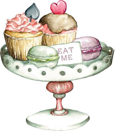 Decoupage Paper Printable, Cupcake Art, Decoupage Vintage, Alice In Wonderland Party, Clip Arts, 수채화 그림, Food Illustration, Tea Art, Dessin Adorable