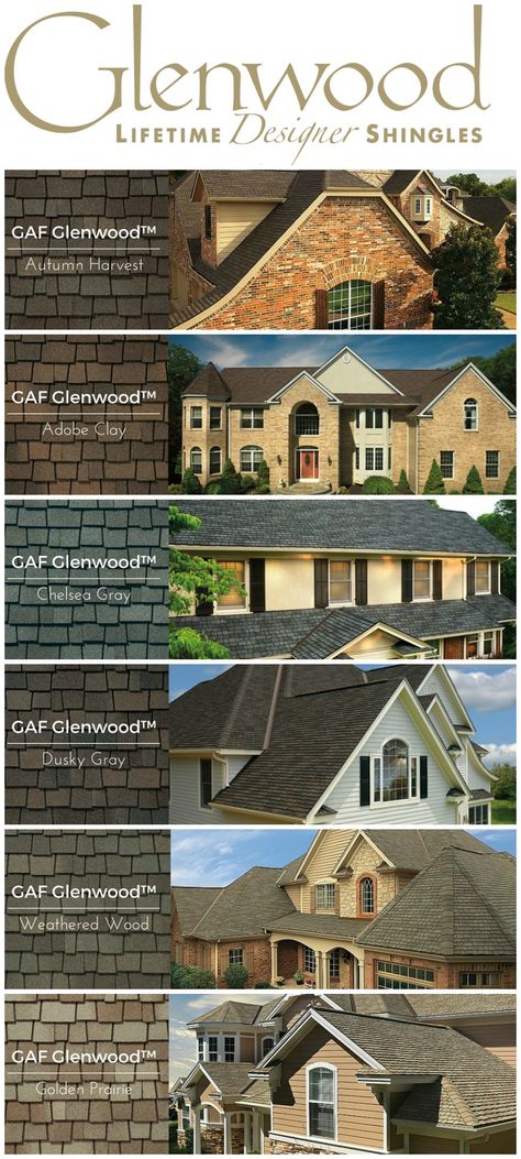 GAF Glenwood Designer Shingles for the house. Lots of great choices. Shingle Roof Colors, Shingle Roof, Chelsea Gray, Rv Garage, Shingle Colors, Architectural Shingles, Roof Maintenance, Golden Amber, Roof Colors