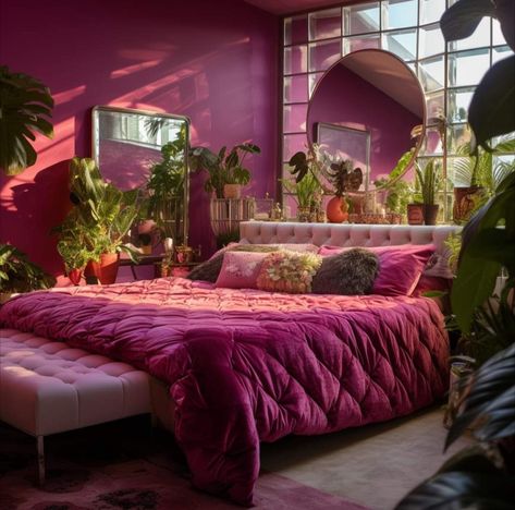 Magenta Room Aesthetic, Magenta Bedroom Ideas, Magenta Bedroom, Fuschia Bedroom, Magenta Bedrooms, Eccentric Bedroom, Magenta Bedding, Hot Pink Room, Hot Pink Bedrooms