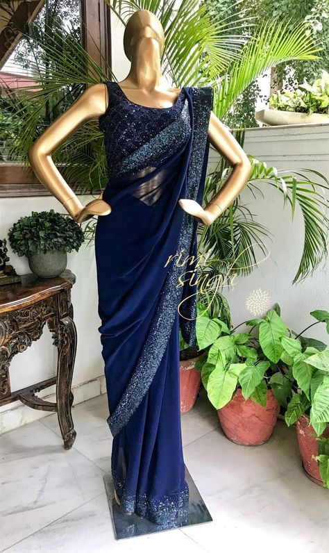 Midnight Blue Saree, Plain Saree With Border, Blue Sequin Saree, Blue Bridesmaids Dress, Indian Sari Dress, Crepe Blouse, Plain Saree, Party Sarees, Simple Sarees