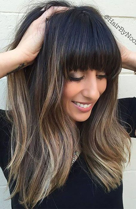 25 Sexy Black Hair With Highlights You Need To Try - The Trend Spotter Long Haircuts With Bangs, Long Fringe Hairstyles, Black Hair Balayage, Long Haircuts, Black Hair With Highlights, Hair With Highlights, Ombré Hair, Short Hair Balayage, Fringe Hairstyles